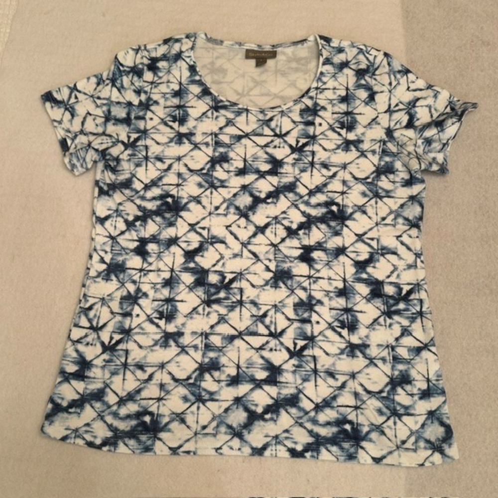 Style & Co Geometric Print Top Women Blue White Size S Short Sleeve Soft Stretch